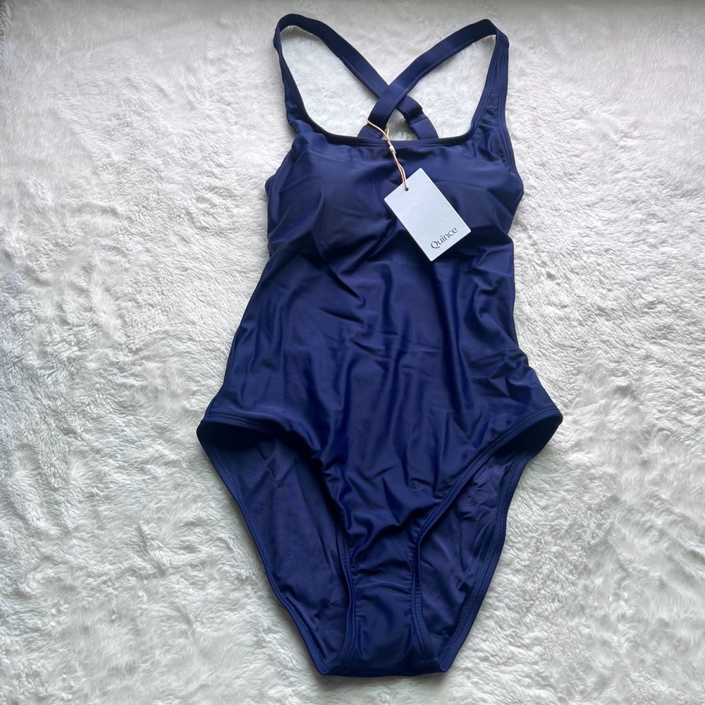 Quince Navy Blue Recycled Polyamide Cross Back One Piece Swimsuit ATG001 Small